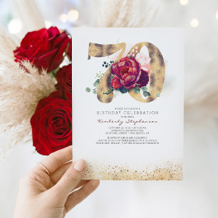 Invitación 70.º cumpleaños Borgoña Rojo y Purpurina de oro