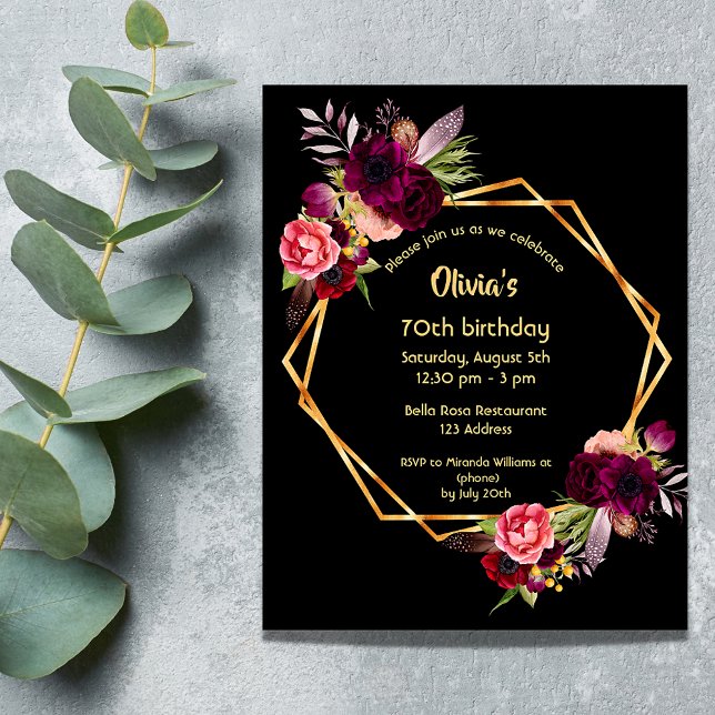 Invitación 70.º cumpleaños burdeos floral oro geométrico negr (Subido por el creador)