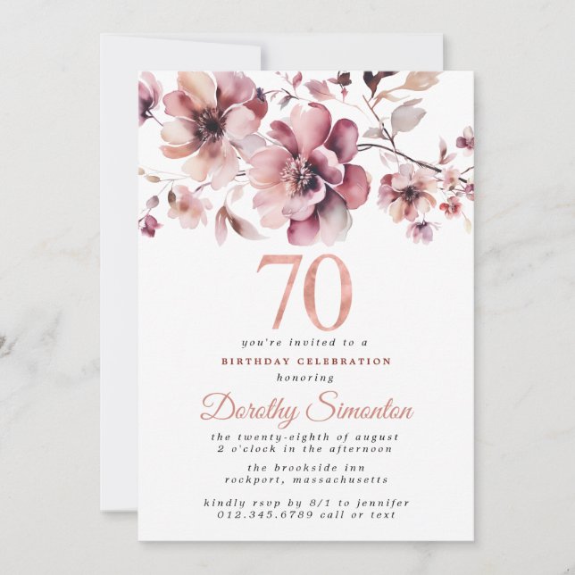 Invitación 70.º cumpleaños Burgundy Rubor Pink Floral (Anverso)