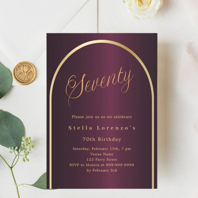 Invitación 70.º cumpleaños burgundy script de arco de oro ele (Subido por el creador)
