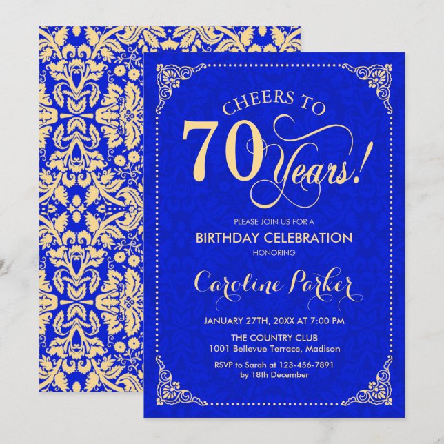Invitación 70.º cumpleaños - Damasco azul real de oro (Anverso / Reverso)