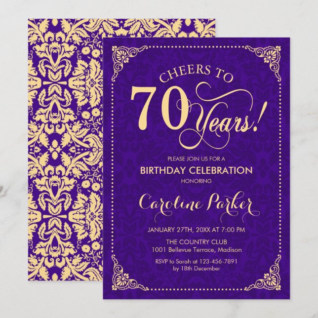 Invitación 70.º cumpleaños - Damasco de oro púrpura (Anverso / Reverso)