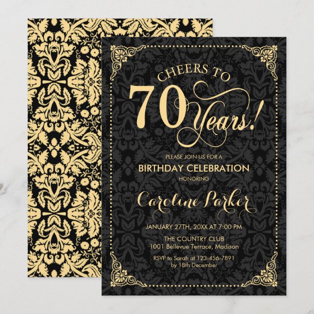 Invitación 70.º cumpleaños - Damasco negro de oro (Anverso / Reverso)