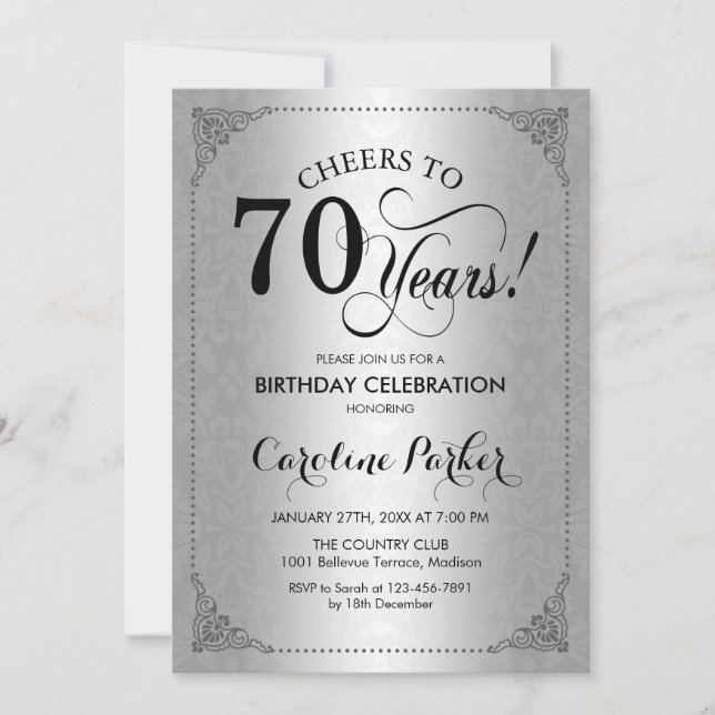 Invitación 70.º cumpleaños - Damasco plateado (Anverso)