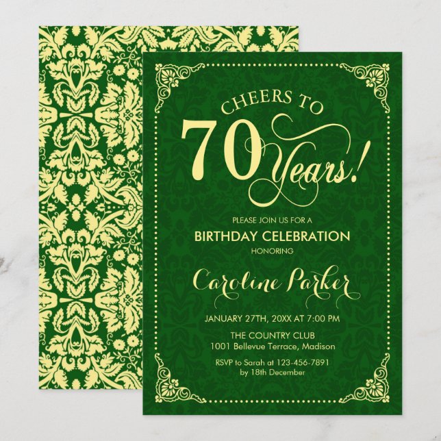 Invitación 70.º cumpleaños - Damasco verde de oro (Anverso / Reverso)
