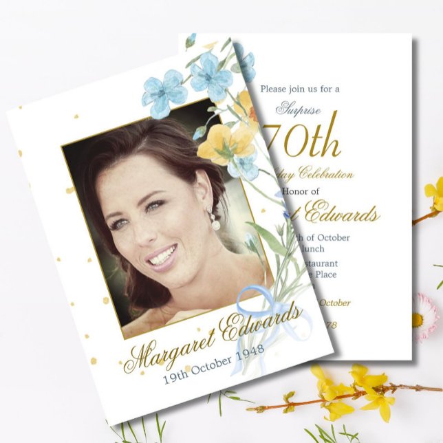 Invitación 70.º cumpleaños de Floral Gold Elegant Photo (Subido por el creador)