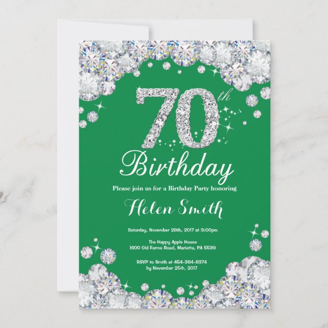 Invitación 70.º cumpleaños Diamante Verde y Plata (Anverso)
