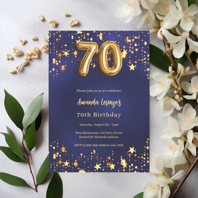 Invitación 70.º cumpleaños estrellas de oro azul marino (Subido por el creador)