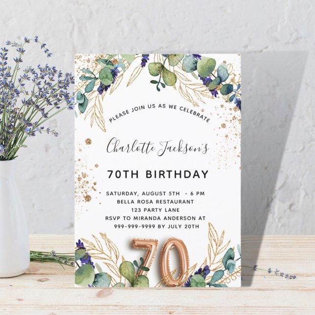 Invitación 70.º cumpleaños eucalipto verde purpurina elegante (Subido por el creador)
