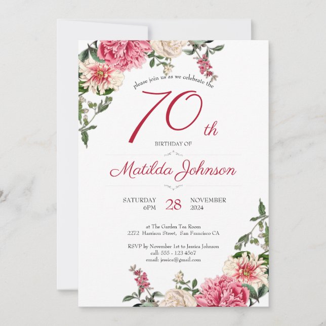 Invitación 70.º cumpleaños Fiesta Personalizado Rojo Elegante (Anverso)