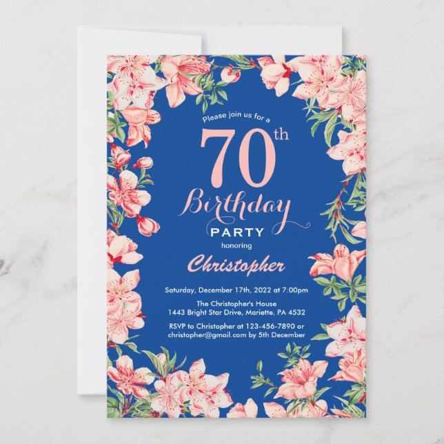 Invitación 70.º cumpleaños Flores Florales Rosa Azul (Anverso)