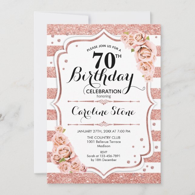 Invitación 70.º cumpleaños - franjas blancas de oro Rosa (Anverso)