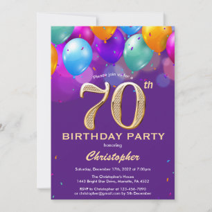 Invitación 70.º cumpleaños, globos morados y dorados