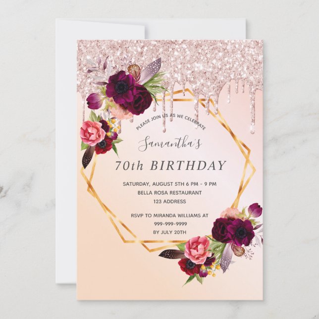 Invitación 70.º cumpleaños gotea la morena de melocotón rosa (Anverso)