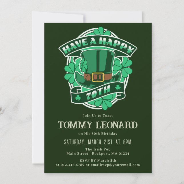 Invitación 70.º cumpleaños Leprechaun Gorra Shamrock Irish (Anverso)