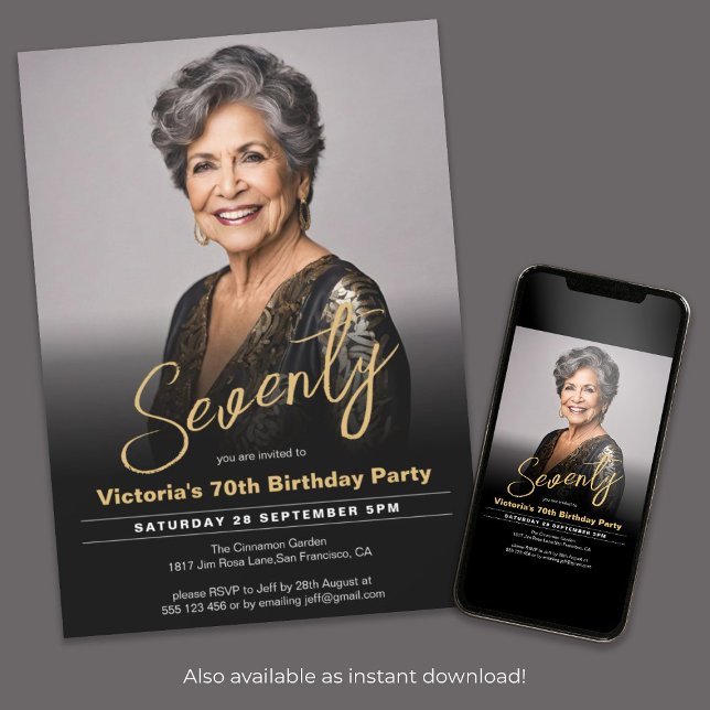 Invitación 70.º cumpleaños: moderna foto mínima de oro negro (70th Birthday Modern Black Gold Minimal Photo Invitation)