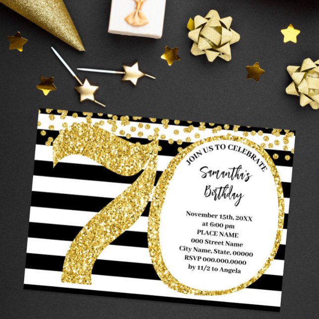 Invitación 70.º cumpleaños moderno de Purpurina de oro y blan (Subido por el creador)