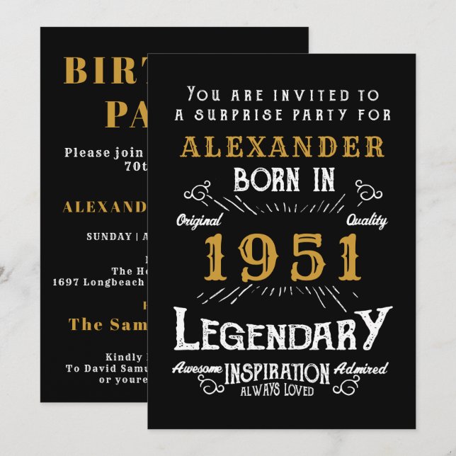 Invitación 70.º cumpleaños Nacido 1951 Black Gold Retro Vinta (Anverso / Reverso)