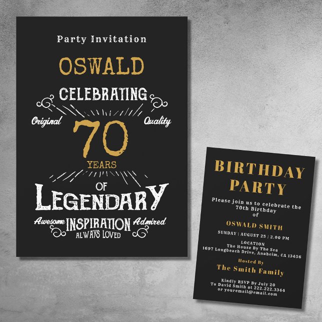 Invitación 70.º cumpleaños Nacido legendario Black Gold Retro (For those celebrating their 70th birthday we have the ideal birthday party invitation)