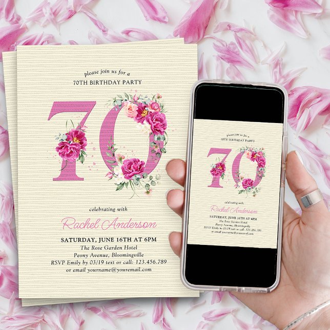 Invitación 70.º cumpleaños número 70 de flores de peonía rosa (70th Birthday Invitation with pink floral number 70 - elegant vintage design with roses and peonies)