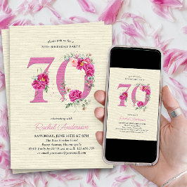 Invitación 70.º cumpleaños número 70 de flores de peonía rosa