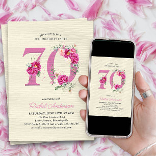 Invitación 70.º cumpleaños número 70 de flores de peonía rosa