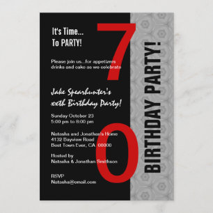 Invitación 70.º cumpleaños Parte moderna Plata roja Negro W17
