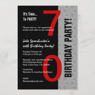 Invitación 70.º cumpleaños Parte moderna Plata roja Negro W17