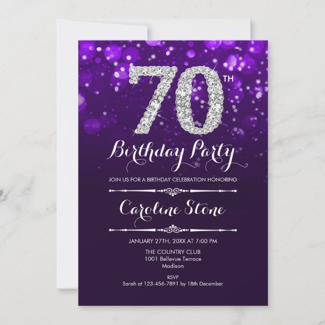 Invitación 70.º cumpleaños - Plata morada (Anverso)