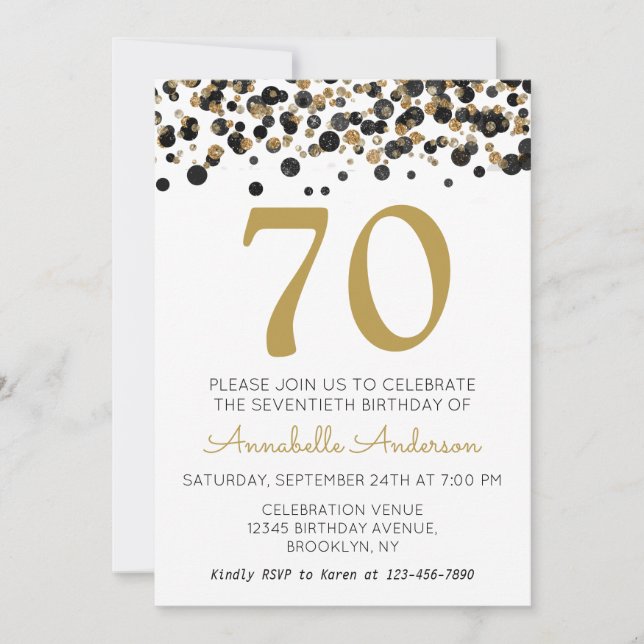 Invitación 70.º cumpleaños Purpurina de oro negro Sparkle Con (Anverso)