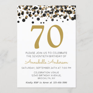 Invitación 70.º cumpleaños Purpurina de oro negro Sparkle Con