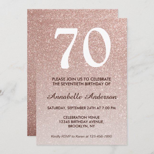 Invitación 70.º cumpleaños Purpurina de oro rosa Sparkle Ombr (Anverso / Reverso)