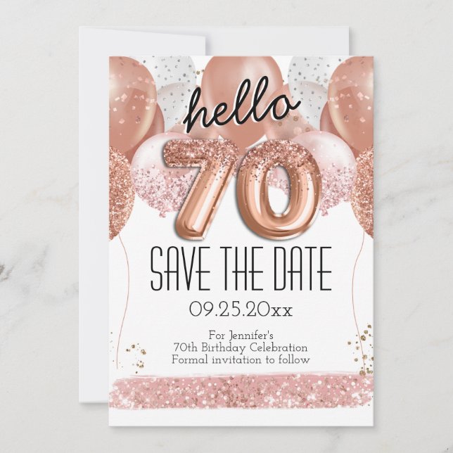 Invitación 70.º cumpleaños Purpurina rosa salva la fecha (Anverso)