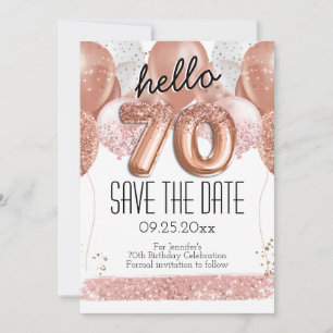 Invitación 70.º cumpleaños Purpurina rosa salva la fecha