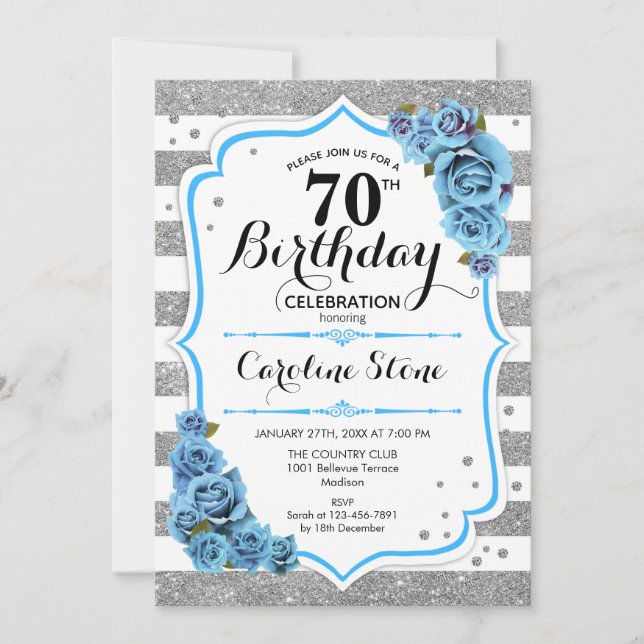 Invitación 70.º cumpleaños - Rayas blancas de plata azul (Anverso)