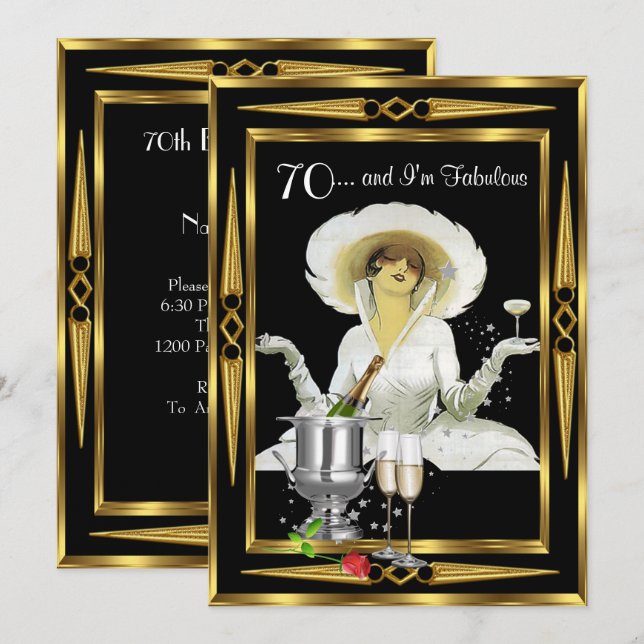 Invitación 70.º cumpleaños Retro Diva Art Deco Oro Negro (Anverso / Reverso)