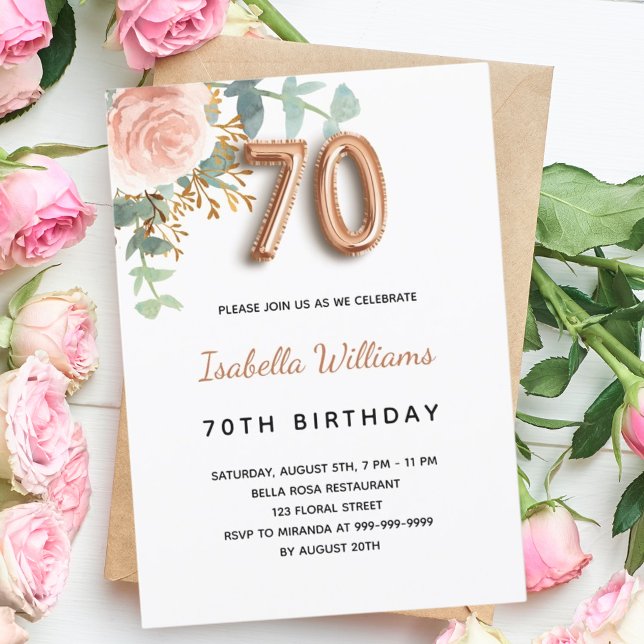 Invitación 70.º cumpleaños rosa floral oro eucalipto verde (Subido por el creador)