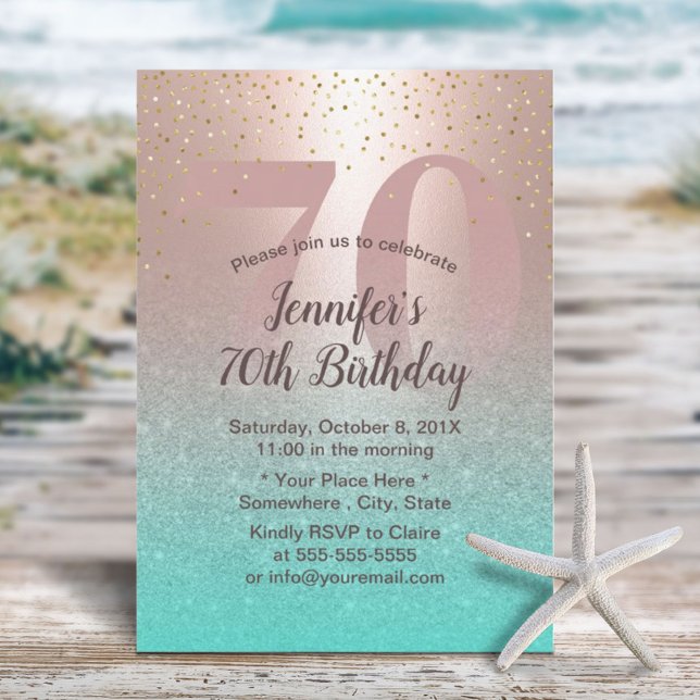 Invitación 70.º cumpleaños Rosa moderno de Rubor Gold Aqua Ve (Subido por el creador)
