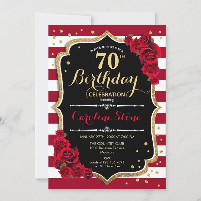 Invitación 70.º cumpleaños - Rosas de franjas blancas rojas d (Anverso)