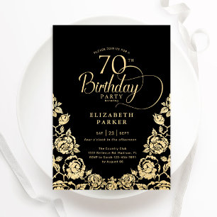 Invitación 70.º cumpleaños Rosas de oro negro