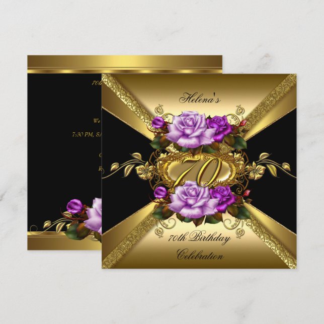 Invitación 70.º cumpleaños Rosas Purple Gold Black (Anverso / Reverso)