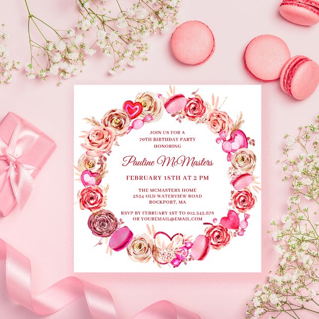 Invitación 70.º cumpleaños Rosas Rosa Swirly Heart Valentine (Subido por el creador)