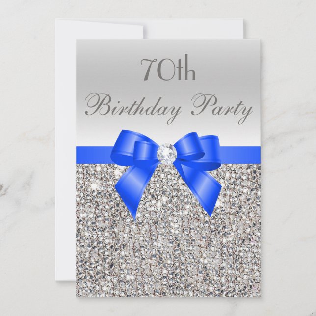 Invitación 70.º cumpleaños Silver Sequin Royal Blue Bow Diamo (Anverso)