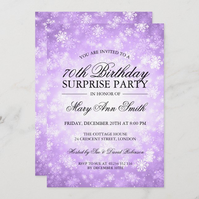 Invitación 70.º cumpleaños sorpresa Morado invierno Maravilla (Anverso / Reverso)
