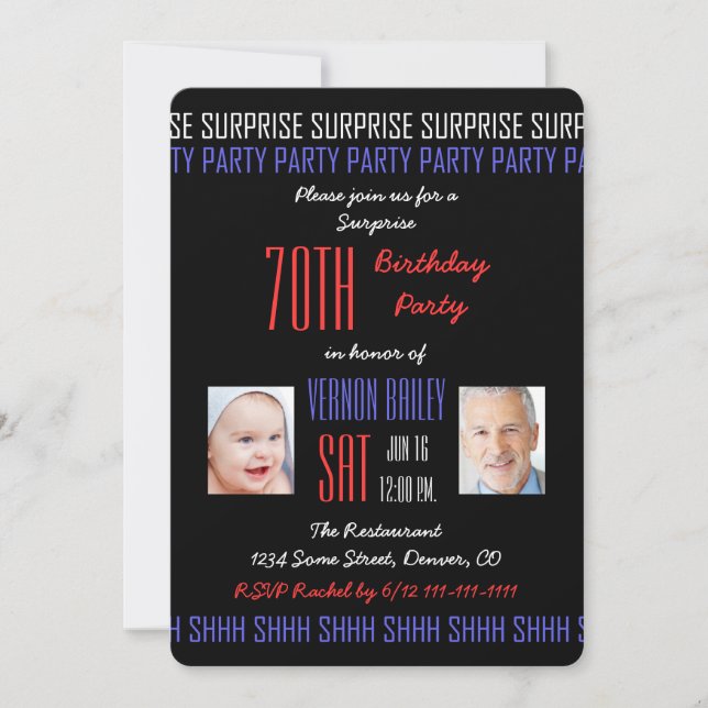 Invitación 70.º cumpleaños sorpresa sus fotos en negro (Anverso)