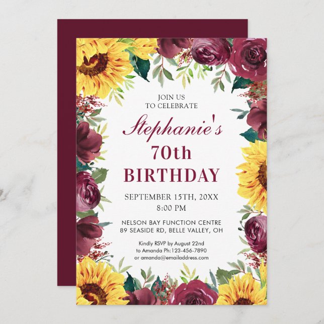 Invitación 70.º cumpleaños Sunflower Borgoña Rosa Frontera (Anverso / Reverso)