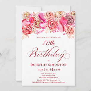 Invitación 70.º cumpleaños Valentine Pink Rose Swirly Heart