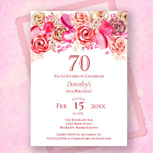 Invitación 70.º cumpleaños Valentine Pink Rose Swirly Heart