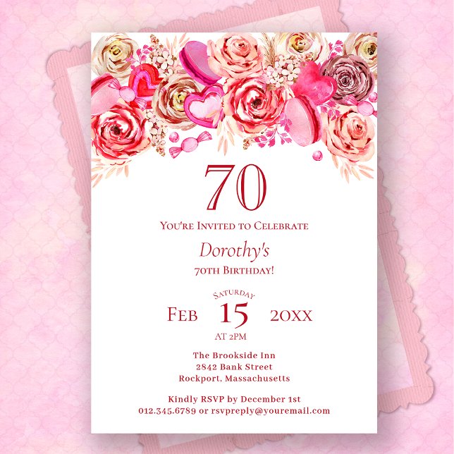 Invitación 70.º cumpleaños Valentine Pink Rose Swirly Heart (Subido por el creador)