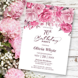 Invitación 70.º Fiesta de Floral Rosa Rosa Rosa de Cumpleaños